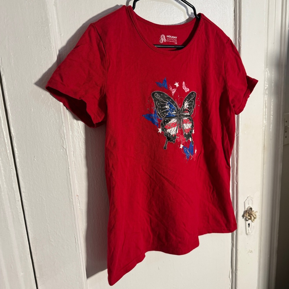 4th of July Red Tee Butterfly American Flag L Grannycore Animal Cotton Insect - Picture 3 of 7